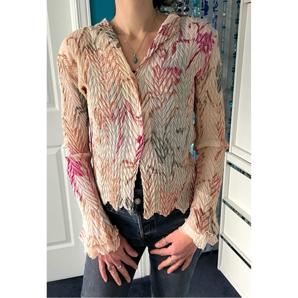 Komarov Blush Pink Crinkle Pleated Blouse Velvet Floral Burnout Plaque Romantic - Picture 13 of 16